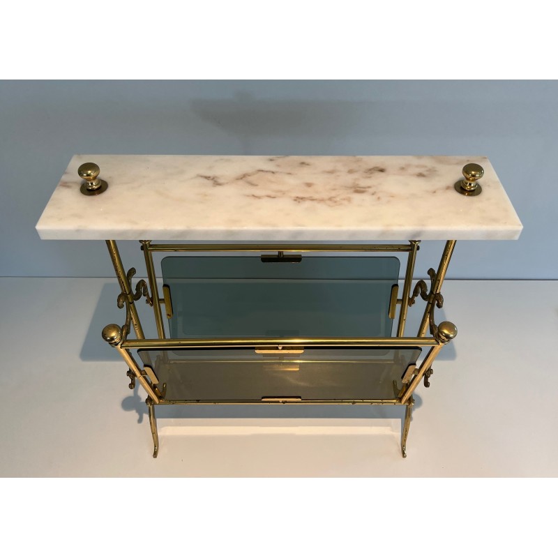 Porte-Revues en Laiton, Panneaux de Verre Bleuté et Plateau de Marbre Blanc, Travail Français, Vers 1940