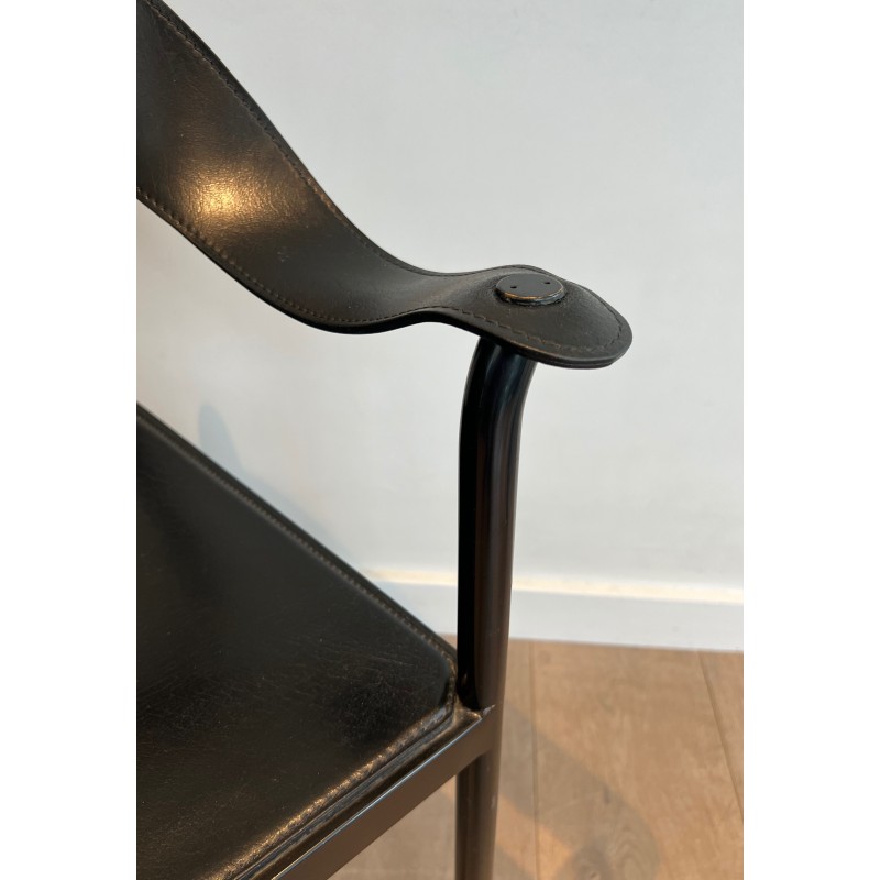 Suite of Four Leather and Black Lacquered Metal Armchairs, French Work, Circa 1970