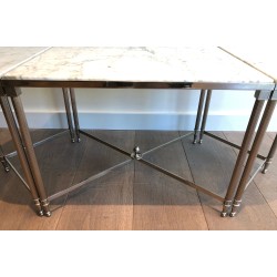 Neoclassical Silvered Metal Tripartite Coffee Table with Carrara Marble Tops, French Work, Circa 1940