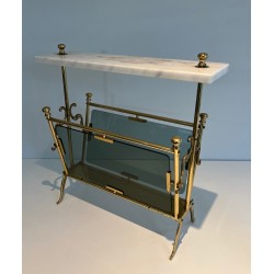 Porte-Revues en Laiton, Panneaux de Verre Bleuté et Plateau de Marbre Blanc, Travail Français, Vers 1940