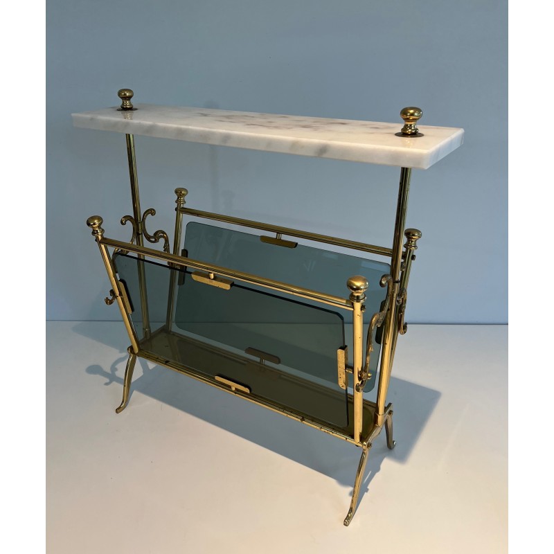 Porte-Revues en Laiton, Panneaux de Verre Bleuté et Plateau de Marbre Blanc, Travail Français, Vers 1940