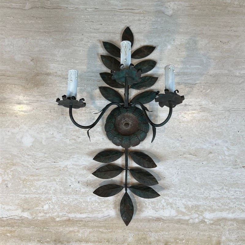 Pair of Decorative Wall Sconces with Sunflowers and Foliage in Patinated Metal