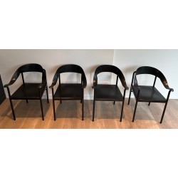 Suite of Four Leather and Black Lacquered Metal Armchairs, French Work, Circa 1970