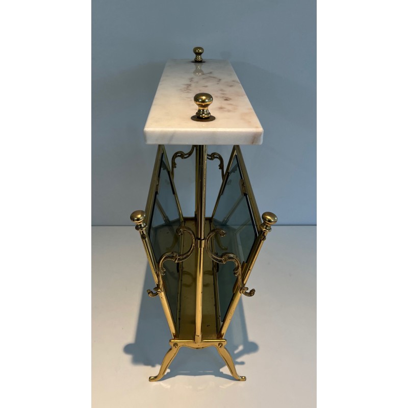 Porte-Revues en Laiton, Panneaux de Verre Bleuté et Plateau de Marbre Blanc, Travail Français, Vers 1940