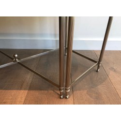 Neoclassical Silvered Metal Tripartite Coffee Table with Carrara Marble Tops, French Work, Circa 1940