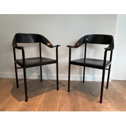 Suite of Four Leather and Black Lacquered Metal Armchairs, French Work, Circa 1970