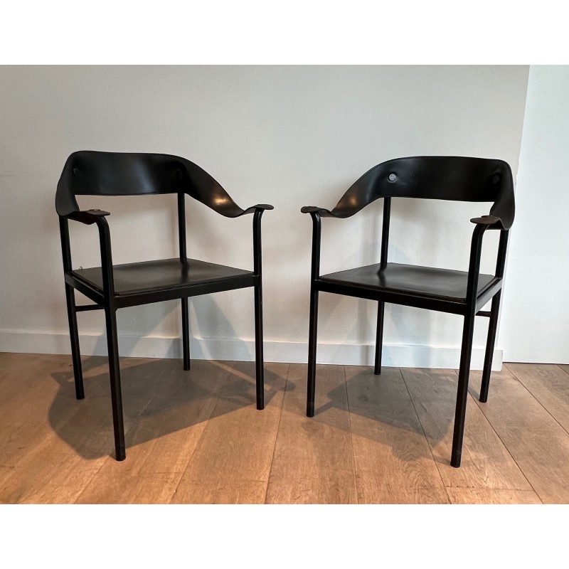 Suite of Four Leather and Black Lacquered Metal Armchairs, French Work, Circa 1970