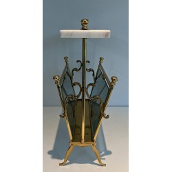 Porte-Revues en Laiton, Panneaux de Verre Bleuté et Plateau de Marbre Blanc, Travail Français, Vers 1940