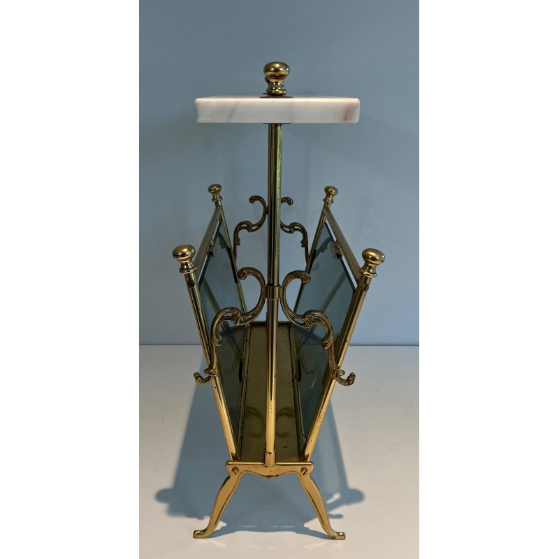 Brass Magazine Rack with Blue-Tinted Glass Panels and White Marble Top, French Work, Circa 1940