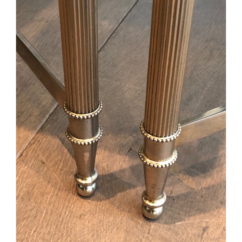 Neoclassical Silvered Metal Tripartite Coffee Table with Carrara Marble Tops, French Work, Circa 1940