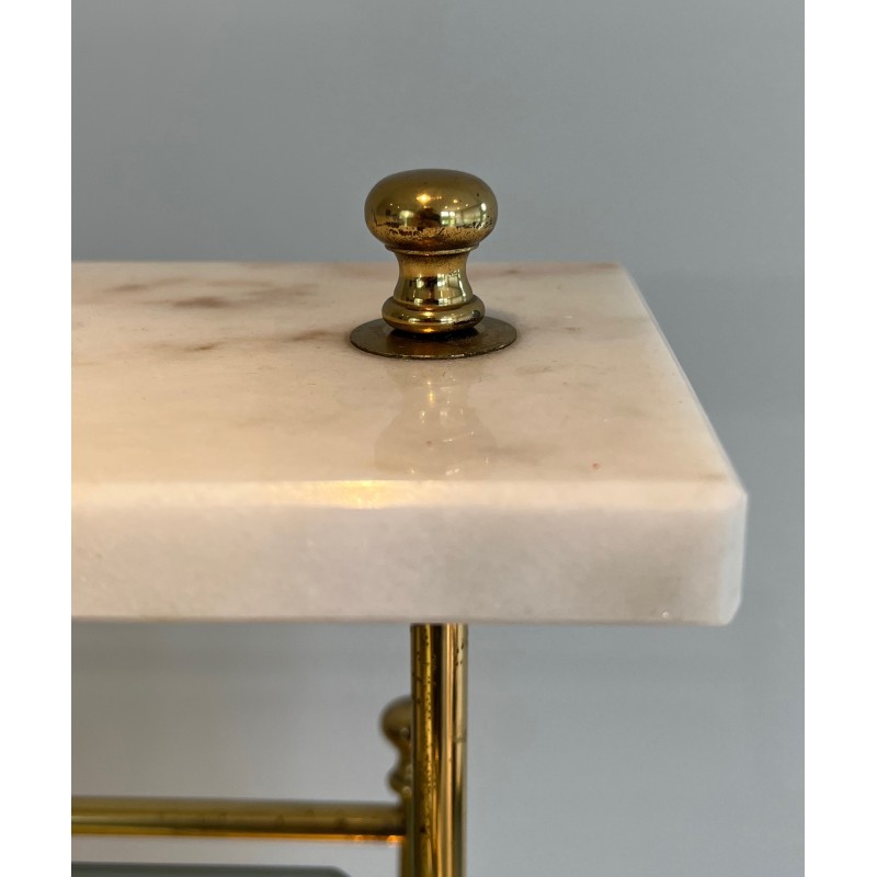 Brass Magazine Rack with Blue-Tinted Glass Panels and White Marble Top, French Work, Circa 1940