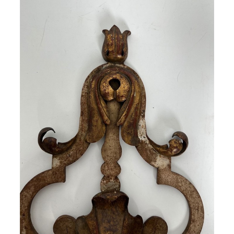 Pair of Patinated Wrought Iron Wall Sconces with Gilded Acanthus Leaves and Crystals