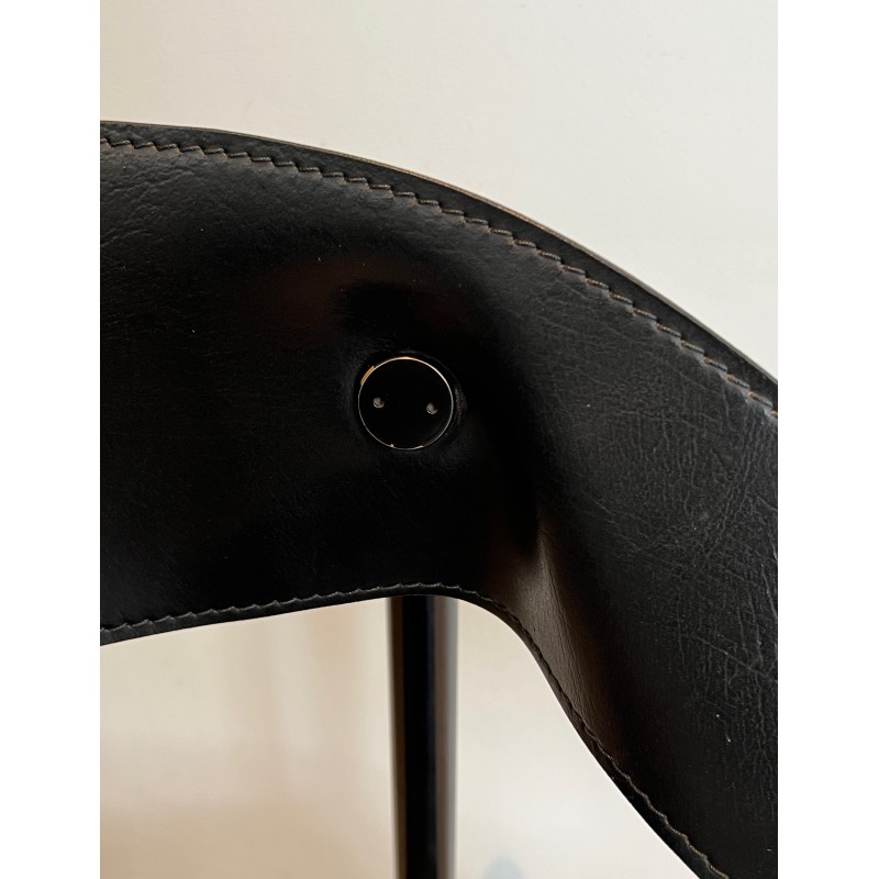 Suite of Four Leather and Black Lacquered Metal Armchairs, French Work, Circa 1970