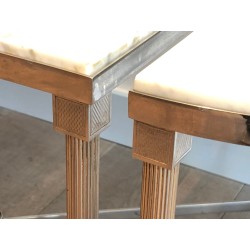 Table Basse Tripartite Néoclassique en Métal Argenté à Plateaux de Marbre de Carrare, Travail Français, Vers 1940