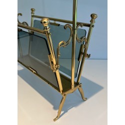 Brass Magazine Rack with Blue-Tinted Glass Panels and White Marble Top, French Work, Circa 1940