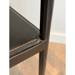 Suite of Four Leather and Black Lacquered Metal Armchairs, French Work, Circa 1970