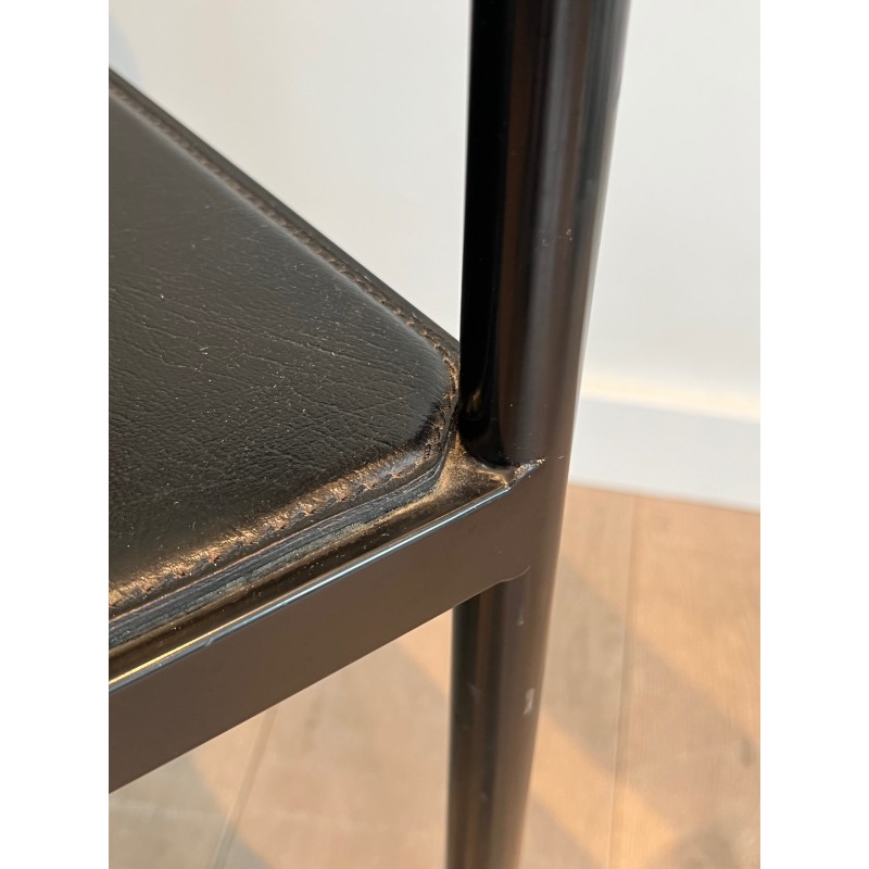 Suite of Four Leather and Black Lacquered Metal Armchairs, French Work, Circa 1970