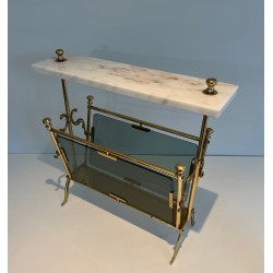 Porte-Revues en Laiton, Panneaux de Verre Bleuté et Plateau de Marbre Blanc, Travail Français, Vers 1940