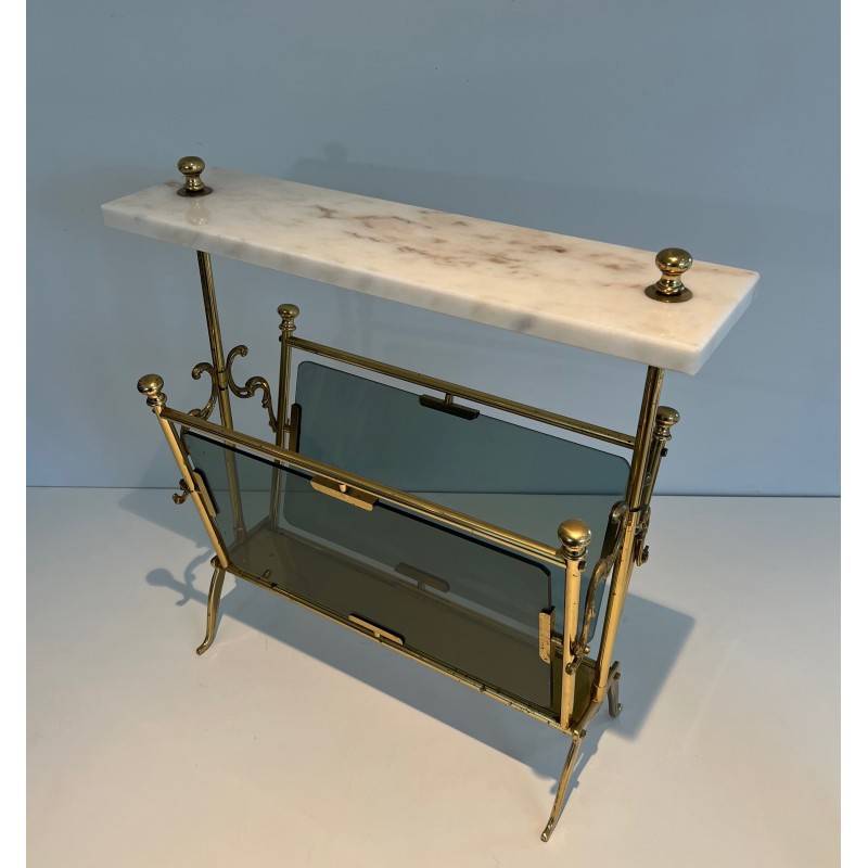 Brass Magazine Rack with Blue-Tinted Glass Panels and White Marble Top, French Work, Circa 1940