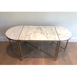Table Basse Tripartite Néoclassique en Métal Argenté à Plateaux de Marbre de Carrare, Travail Français, Vers 1940
