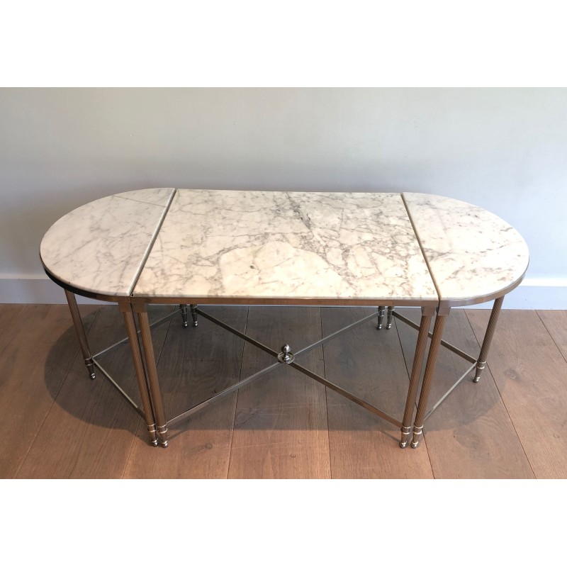 Neoclassical Silvered Metal Tripartite Coffee Table with Carrara Marble Tops, French Work, Circa 1940