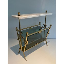 Porte-Revues en Laiton, Panneaux de Verre Bleuté et Plateau de Marbre Blanc, Travail Français, Vers 1940