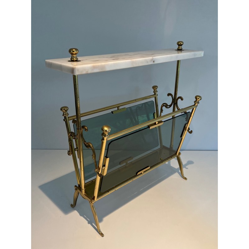 Porte-Revues en Laiton, Panneaux de Verre Bleuté et Plateau de Marbre Blanc, Travail Français, Vers 1940