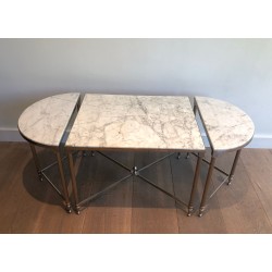 Table Basse Tripartite Néoclassique en Métal Argenté à Plateaux de Marbre de Carrare, Travail Français, Vers 1940