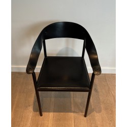 Suite of Four Leather and Black Lacquered Metal Armchairs, French Work, Circa 1970