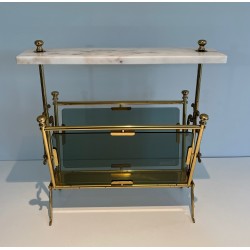 Porte-Revues en Laiton, Panneaux de Verre Bleuté et Plateau de Marbre Blanc, Travail Français, Vers 1940