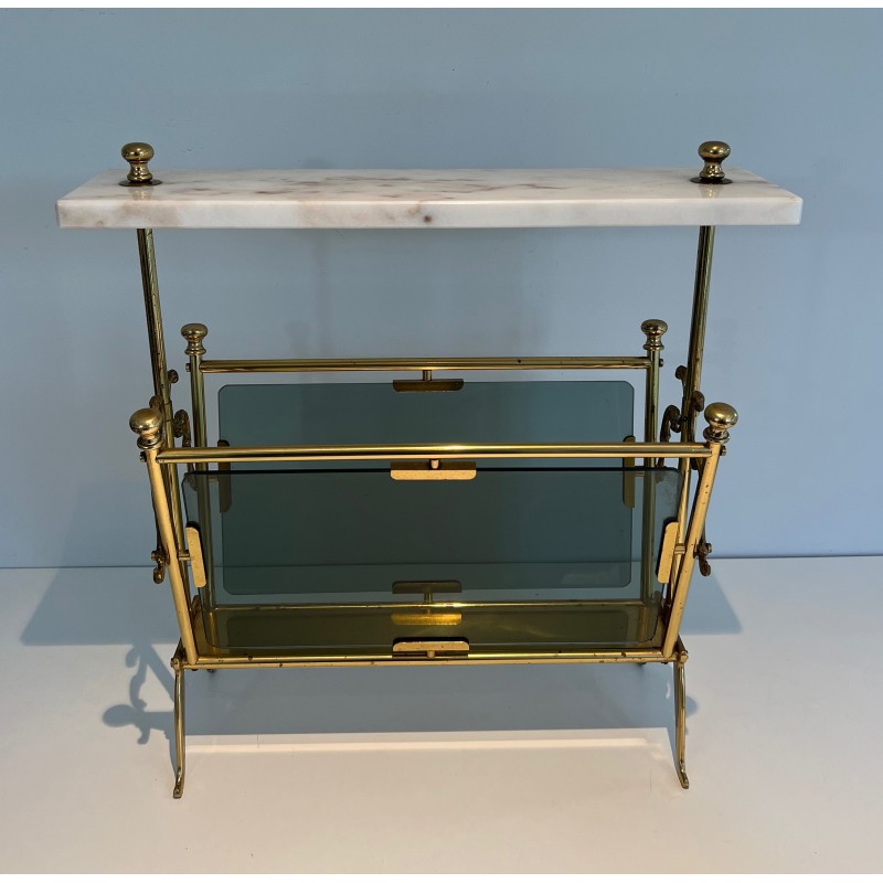 Porte-Revues en Laiton, Panneaux de Verre Bleuté et Plateau de Marbre Blanc, Travail Français, Vers 1940