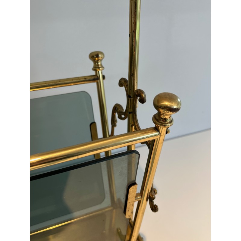 Brass Magazine Rack with Blue-Tinted Glass Panels and White Marble Top, French Work, Circa 1940