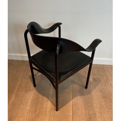 Suite of Four Leather and Black Lacquered Metal Armchairs, French Work, Circa 1970