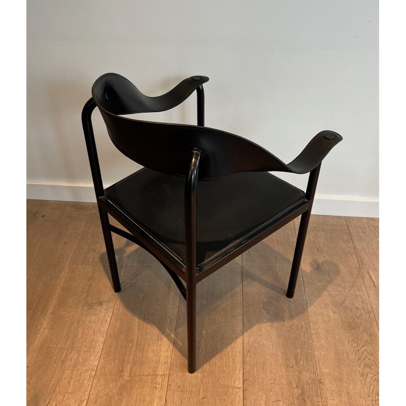 Suite of Four Leather and Black Lacquered Metal Armchairs, French Work, Circa 1970