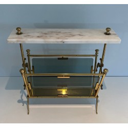 Porte-Revues en Laiton, Panneaux de Verre Bleuté et Plateau de Marbre Blanc, Travail Français, Vers 1940