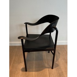 Suite of Four Leather and Black Lacquered Metal Armchairs, French Work, Circa 1970