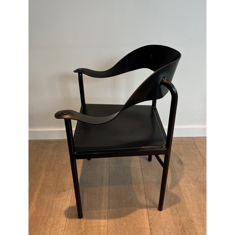 Suite of Four Leather and Black Lacquered Metal Armchairs, French Work, Circa 1970