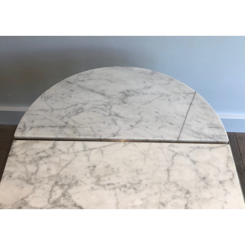 Table Basse Tripartite Néoclassique en Métal Argenté à Plateaux de Marbre de Carrare, Travail Français, Vers 1940