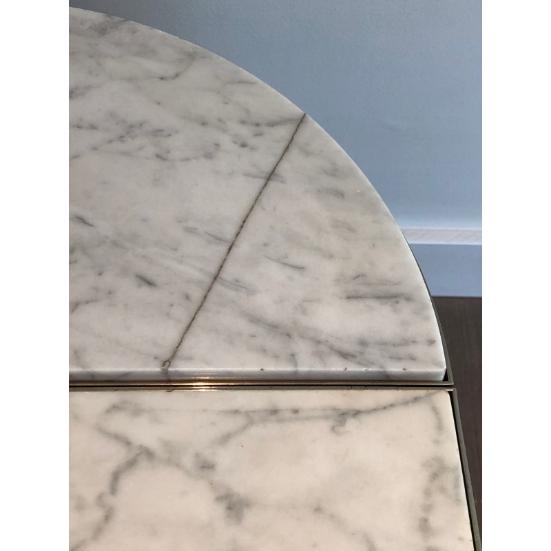 Table Basse Tripartite Néoclassique en Métal Argenté à Plateaux de Marbre de Carrare, Travail Français, Vers 1940