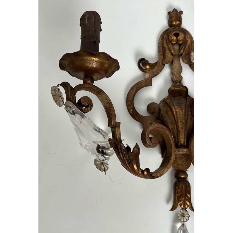Pair of Patinated Wrought Iron Wall Sconces with Gilded Acanthus Leaves and Crystals