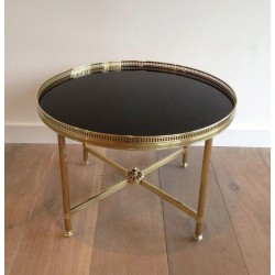 Table Basse Ronde Néoclassique en Laiton à Plateau de Verre Laqué Noir, Maison Baguès, Vers 1940