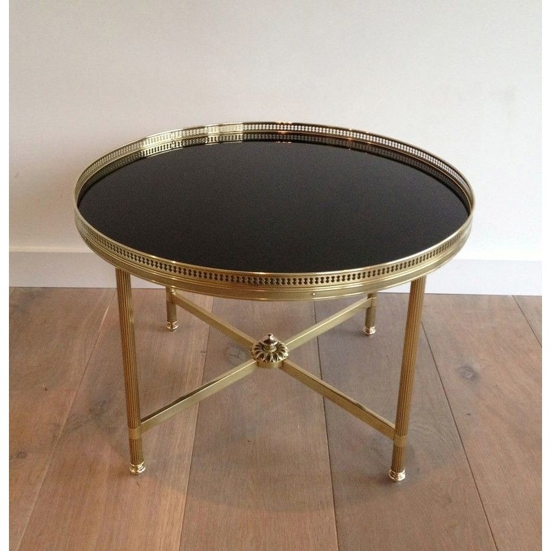 Table Basse Ronde Néoclassique en Laiton à Plateau de Verre Laqué Noir, Maison Baguès, Vers 1940