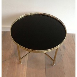 Table Basse Ronde Néoclassique en Laiton à Plateau de Verre Laqué Noir, Maison Baguès, Vers 1940