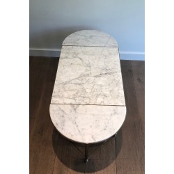 Table Basse Tripartite Néoclassique en Métal Argenté à Plateaux de Marbre de Carrare, Travail Français, Vers 1940