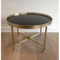 Table Basse Ronde Néoclassique en Laiton à Plateau de Verre Laqué Noir, Maison Baguès, Vers 1940