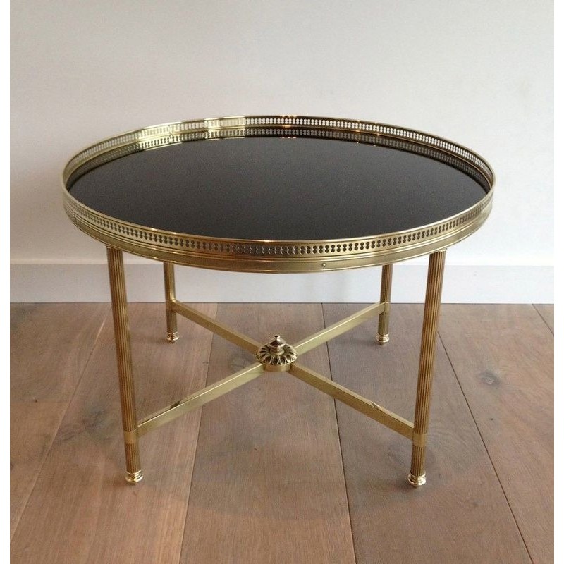 Table Basse Ronde Néoclassique en Laiton à Plateau de Verre Laqué Noir, Maison Baguès, Vers 1940