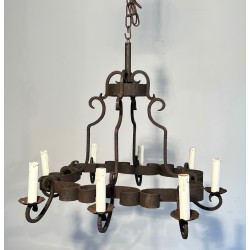 Lustre en Fer Forgé à Huit Bras de Lumière, Travail Français, Vers 1950