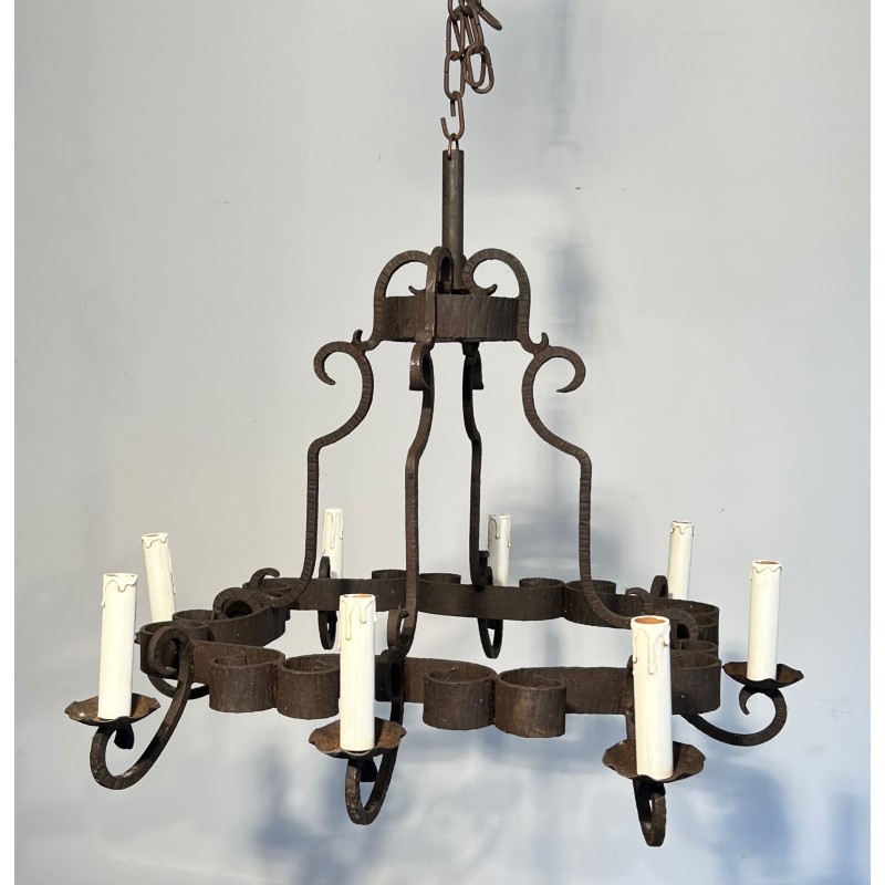 Lustre en Fer Forgé à Huit Bras de Lumière, Travail Français, Vers 1950