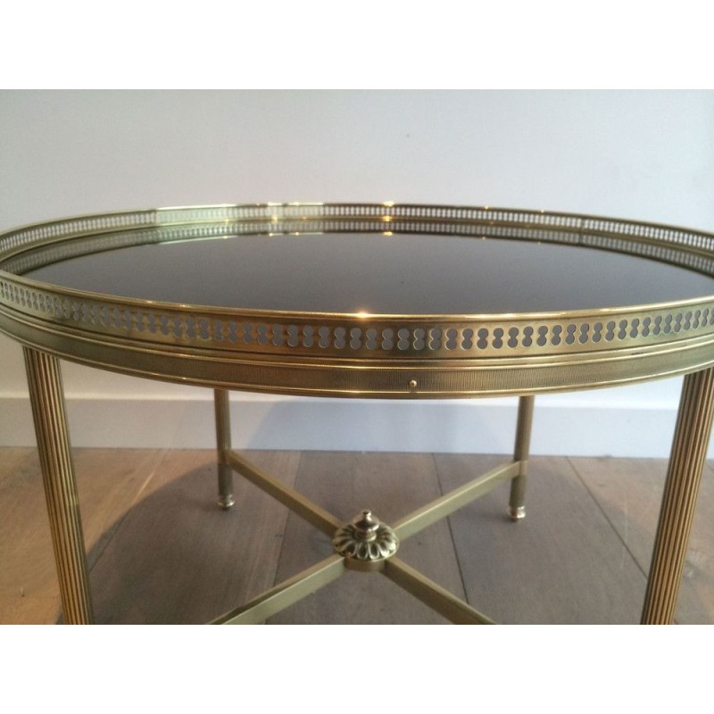 Table Basse Ronde Néoclassique en Laiton à Plateau de Verre Laqué Noir, Maison Baguès, Vers 1940