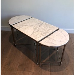 Table Basse Tripartite Néoclassique en Métal Argenté à Plateaux de Marbre de Carrare, Travail Français, Vers 1940